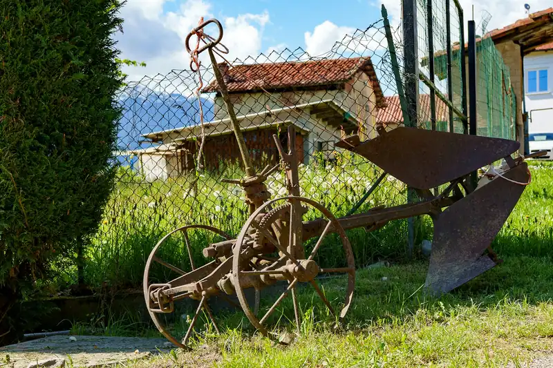 Köy bahçesinde çimenler arasında duran paslı eski pulluk