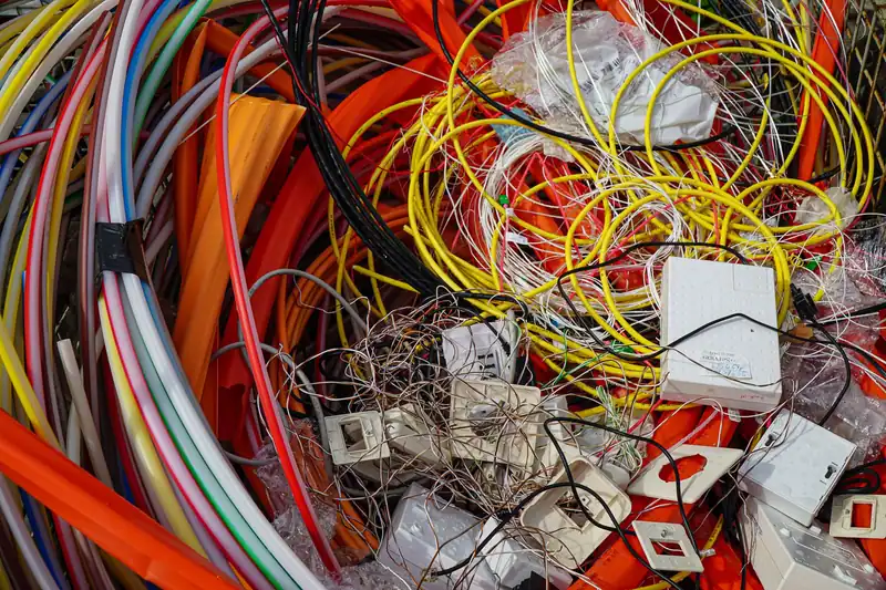 Geri dönüşüme ayrılmış renkli elektrik kabloları ve tel yığını